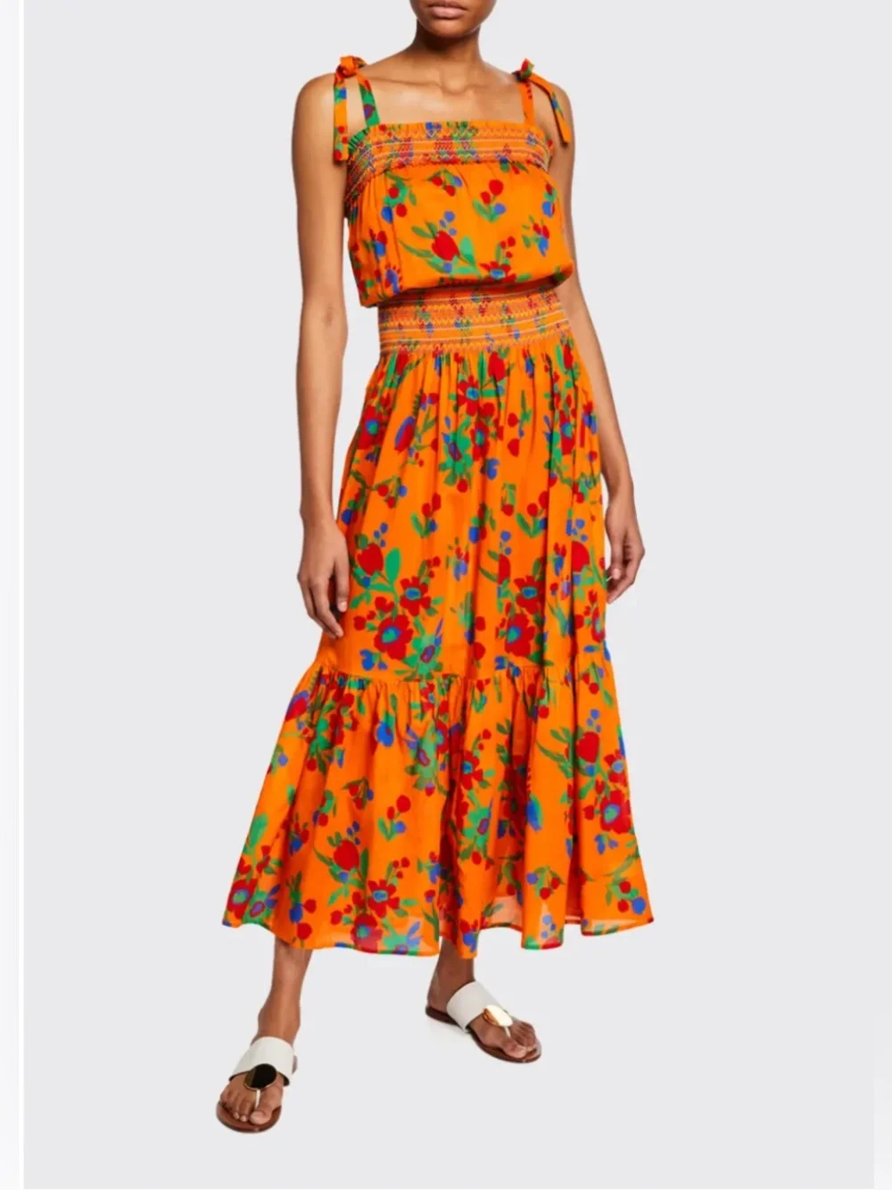 Tory Burch Colorful Resortwear Floral-Print Smocked Cotton Maxi Dress XL